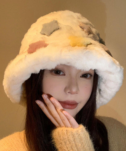 Beautiful White Patch Thick Warm Faux Fur Bucket Hat RS005