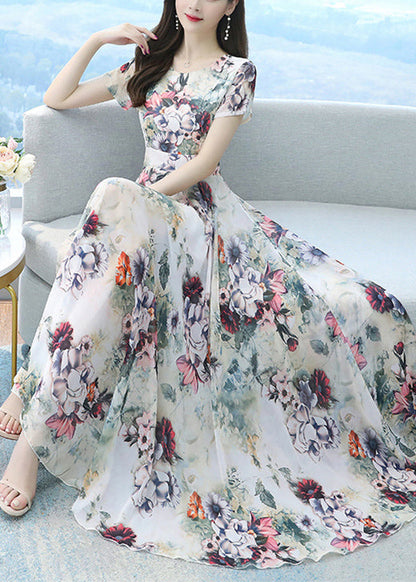 Beautiful White Print Exra Large Hem Chiffon Vacation Dresses Summer OO043