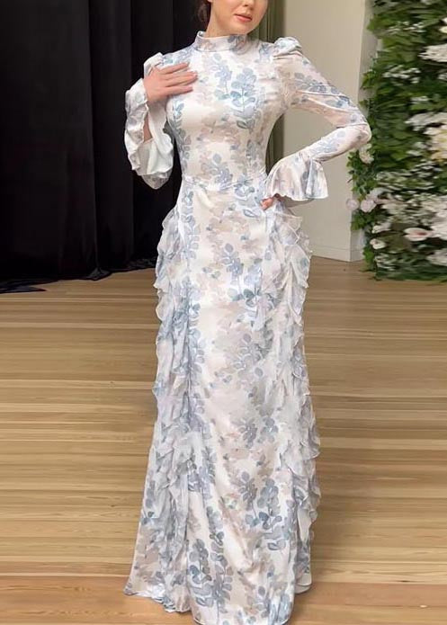 Rüschen Schöne Print Lange Weiße Kleider Chiffon Frühling