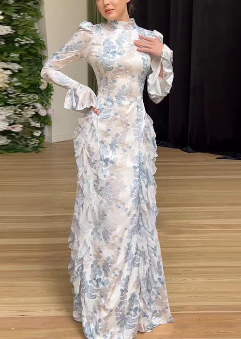 Rüschen Schöne Print Lange Weiße Kleider Chiffon Frühling