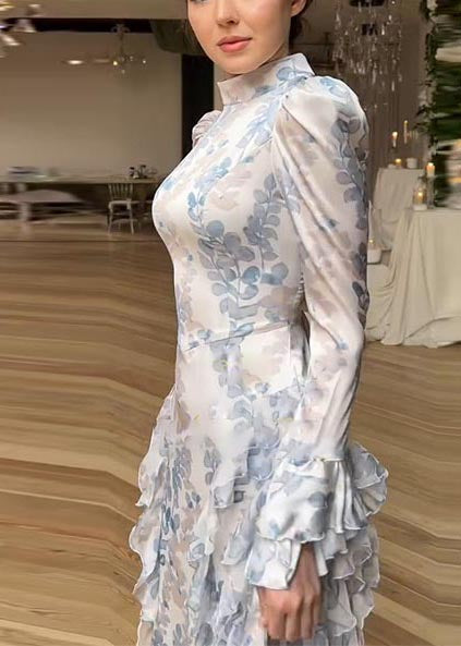 Rüschen Schöne Print Lange Weiße Kleider Chiffon Frühling