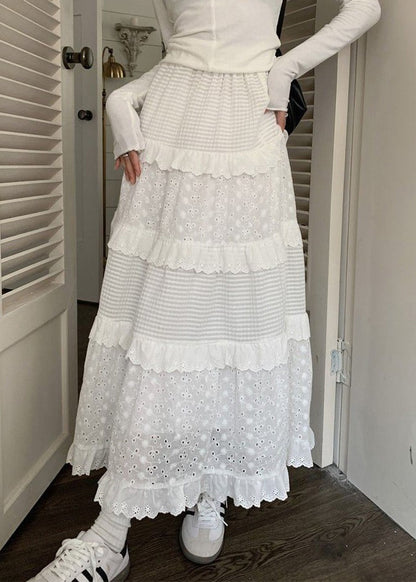 Beautiful White Ruffled Hollow Out Cotton Skirts Summer GH1091