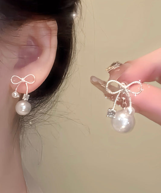 Earrings White Sterling Bow Alloy Drop Beautiful Pearl Silver