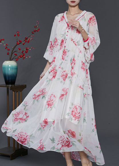 Schönes weißes Chiffon-Strandkleid mit V-Ausschnitt und Print, Frühling, SD1029