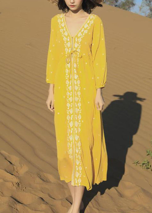 Embroidered Long Beautiful Yellow Bracelet Lace Up Cotton Dresses