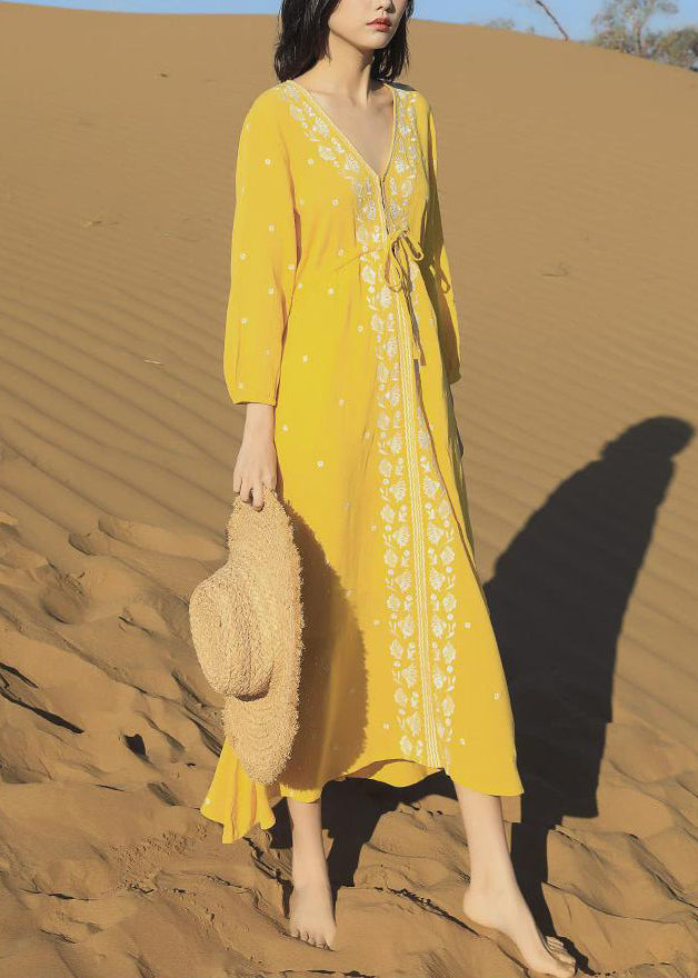 Embroidered Long Beautiful Yellow Bracelet Lace Up Cotton Dresses