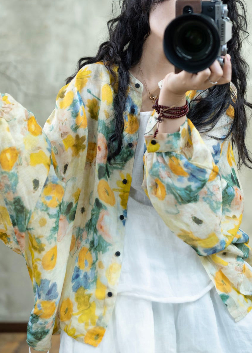 Belle chemise ample en lin jaune à imprimé boutonné et manches lanternes TI028