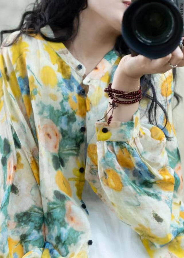 Belle chemise ample en lin jaune à imprimé boutonné et manches lanternes TI028