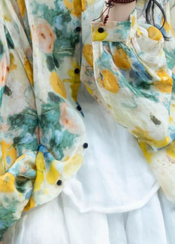 Belle chemise ample en lin jaune à imprimé boutonné et manches lanternes TI028