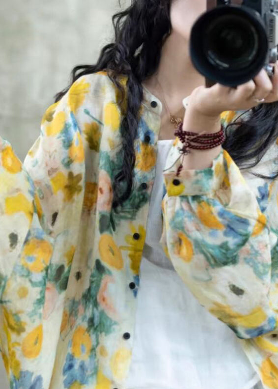 Belle chemise ample en lin jaune à imprimé boutonné et manches lanternes TI028