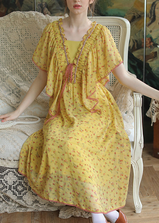 Beautiful Yellow Ruffled Lace Up Nail Bead Chiffon Long Dresses Summer QA1016 Ada Fashion