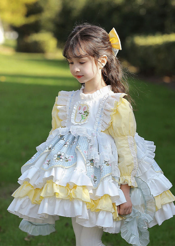 Belle robe jaune à volants pour enfant, style patchwork, printemps YE027