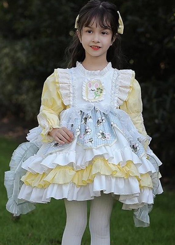 Belle robe jaune à volants pour enfant, style patchwork, printemps YE027