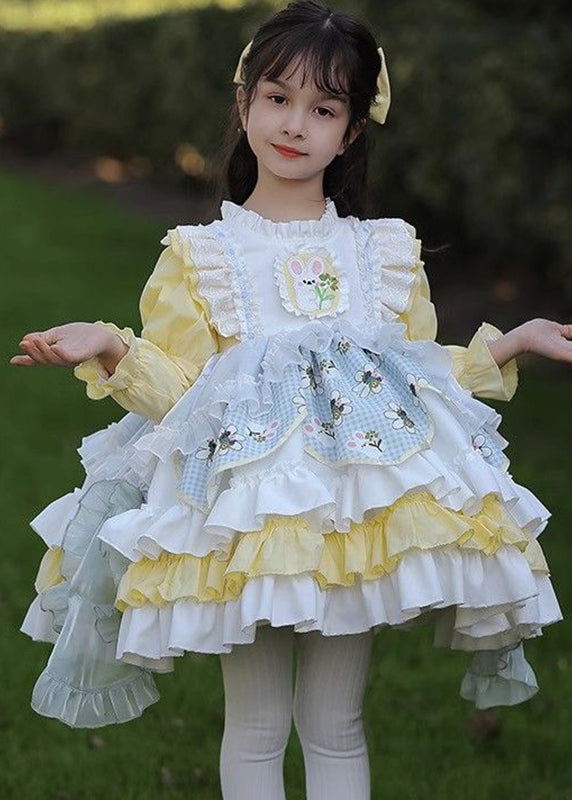 Belle robe jaune à volants pour enfant, style patchwork, printemps YE027