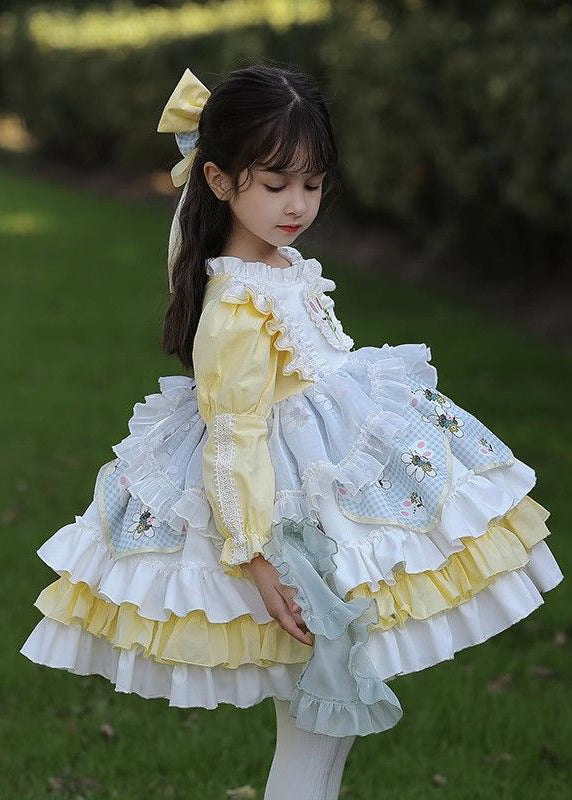 Belle robe jaune à volants pour enfant, style patchwork, printemps YE027