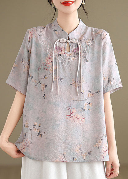 Beautiful light Purple Tasseled Print Cotton Top Short Sleeve AP029