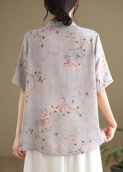 Beautiful light Purple Tasseled Print Cotton Top Short Sleeve AP029