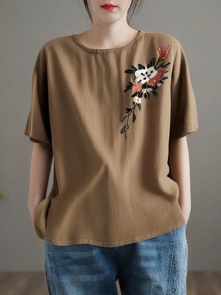 T-shirt en lin brodé à col rond Grace Khaki Été QR018