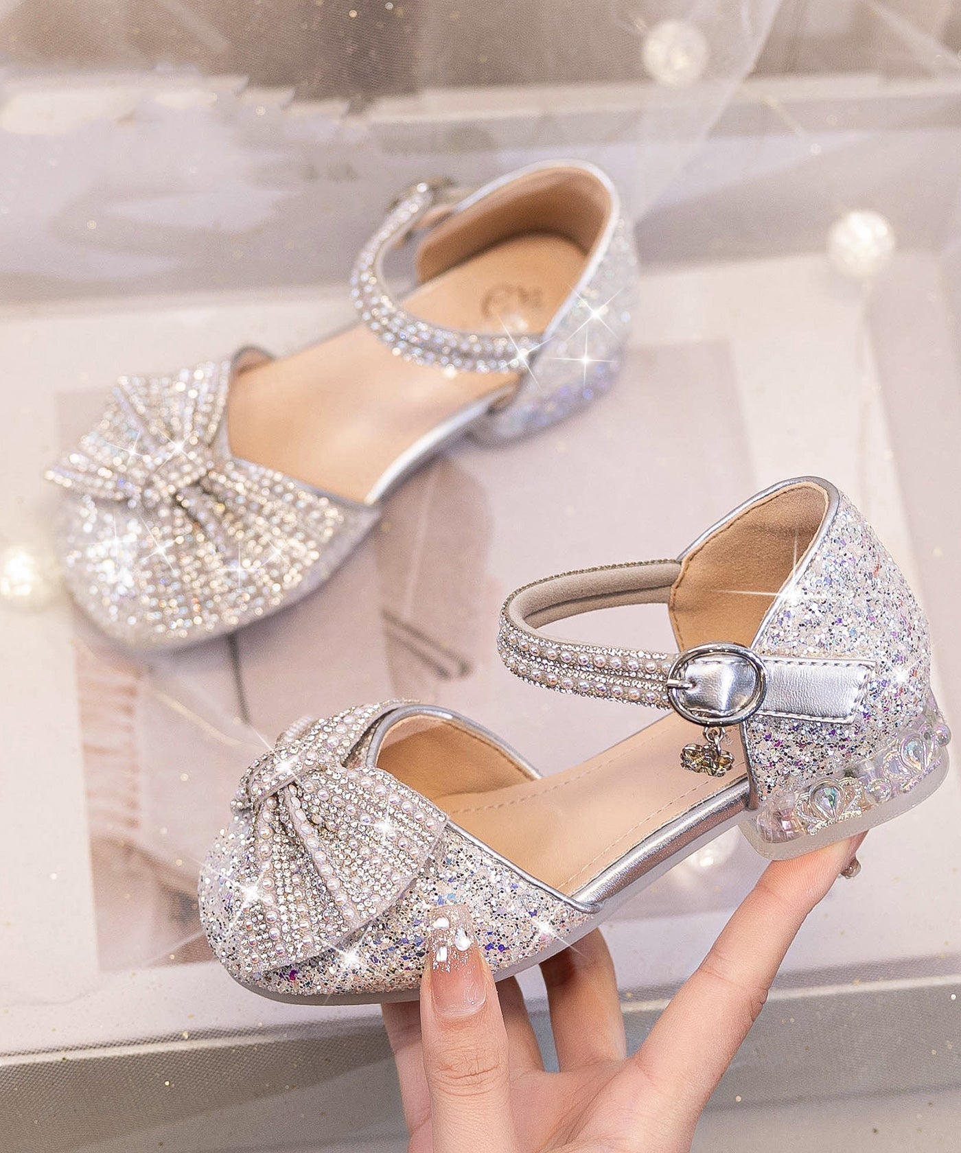 Bogen Schuhe Schnalle Mode Strap Beige Kinder Zirkon Prinzessin