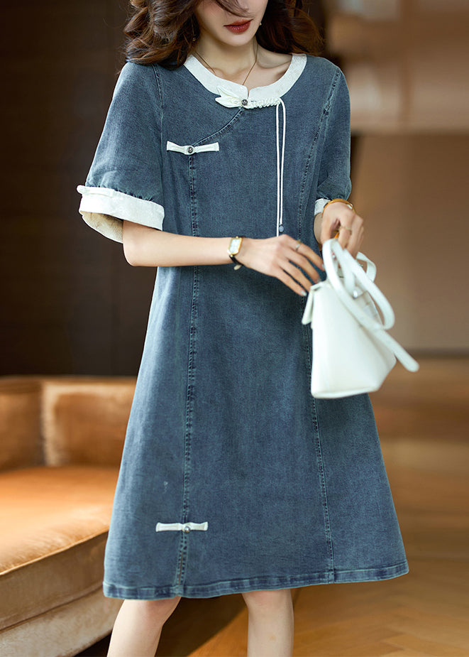 Beige Button Patchwork Denim Dress O Neck Short Sleeve GH1024