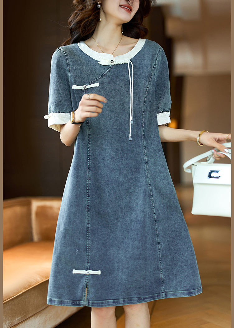 Beige Button Patchwork Denim Dress O Neck Short Sleeve GH1024