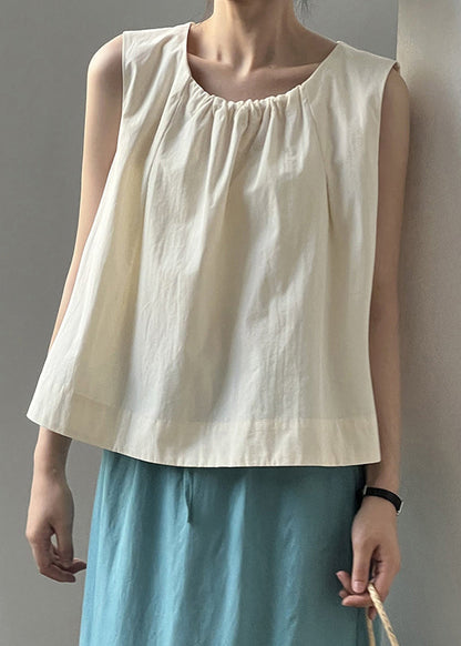 Beige Button Solid Cotton Tops O-Neck Summer QE035