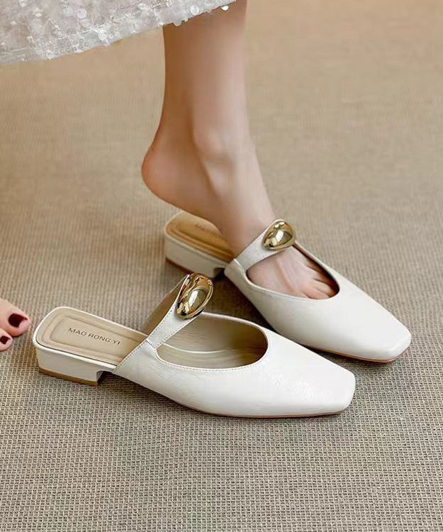 Leather Splicing Beige Chunky Sandals Slide Faux Boutique