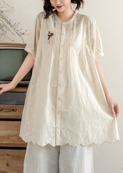 Hauts brodés ligne A beige froissé coton d'été
