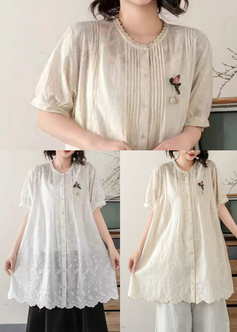 Hauts brodés ligne A beige froissé coton d'été