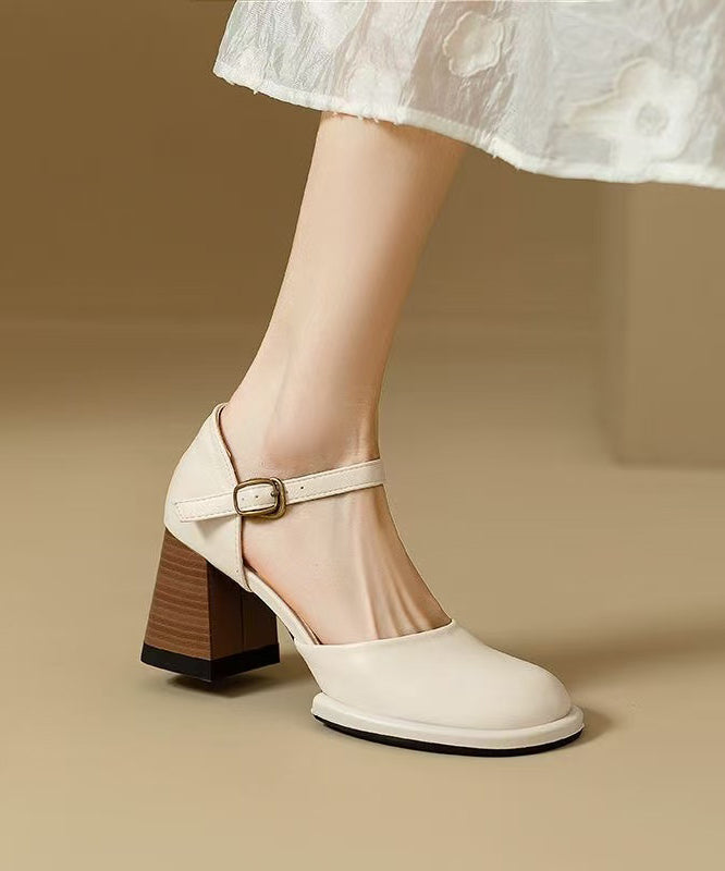 Heel Cowhide Splicing Leather Classy Beige Chunky Sandals