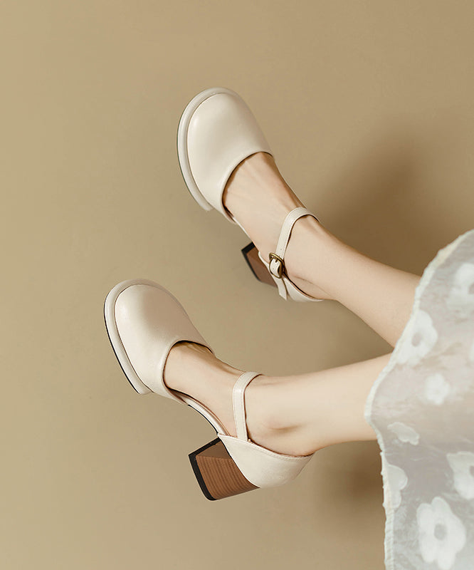 Heel Cowhide Splicing Leather Classy Beige Chunky Sandals