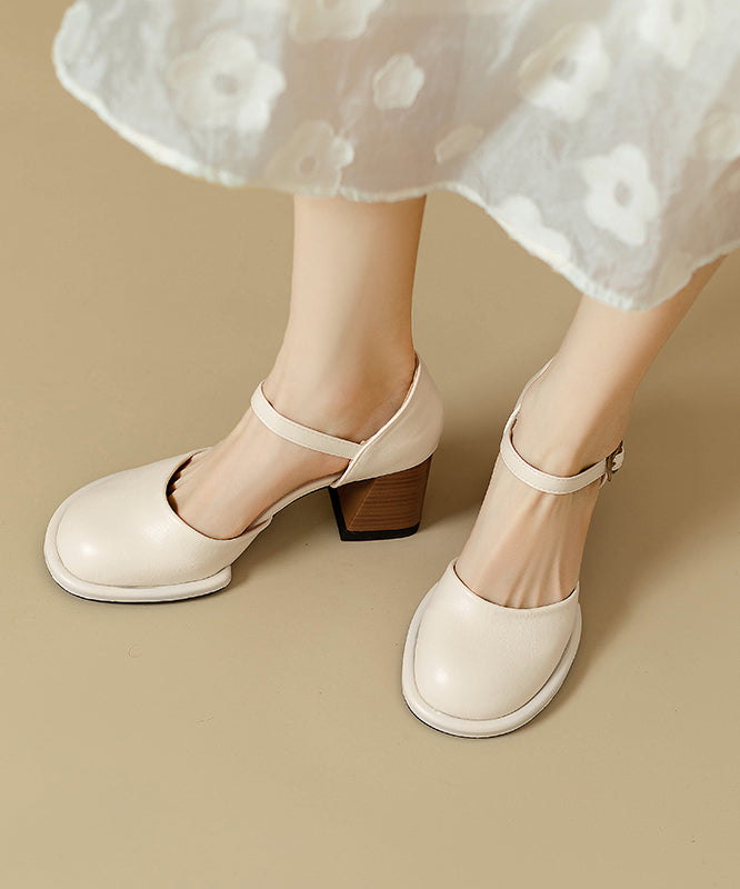 Classy Heel Sandals Leather Beige Cowhide Chunky Splicing