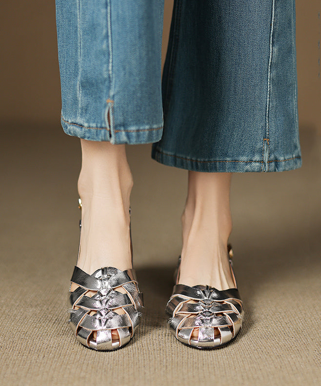 Walking Leather Cowhide Out Splicing Hollow Beige Sandals