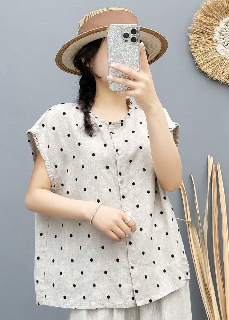 Gilet de plage surdimensionné sans manches en lin beige à pois