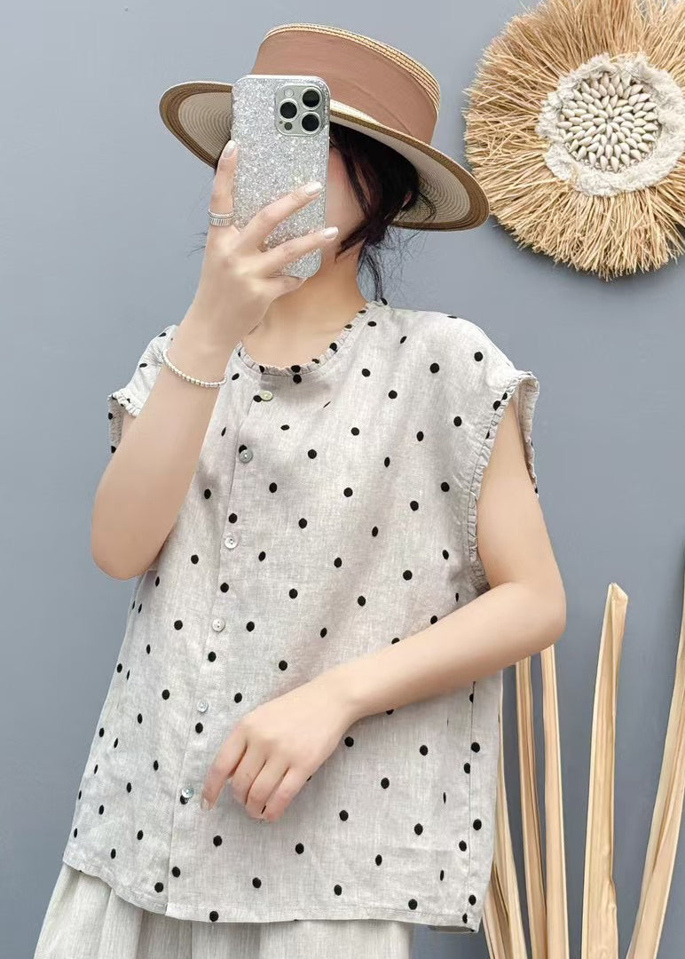 Gilet de plage surdimensionné sans manches en lin beige à pois