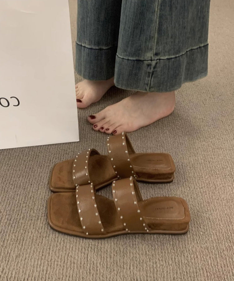 Wedge Sandals Peep Rivet Splicing Slide Beige Toe