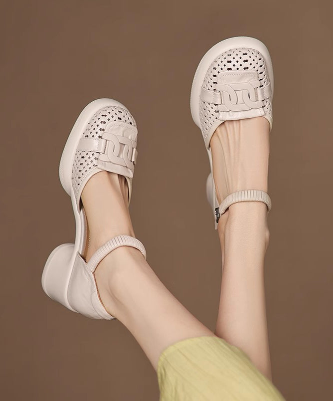 Sheepskin Splicing Strap Chunky Heel Buckle Sandals Beige