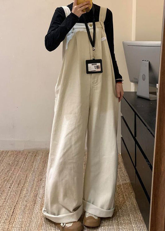 Waist Jumpsuit Solid Wide Denim Summer High Beige Leg