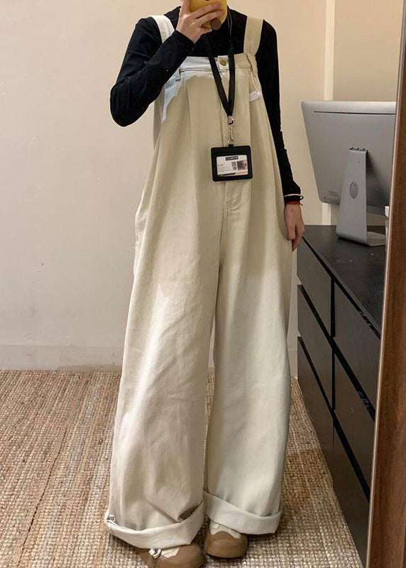 Summer Wide Beige Denim Waist High Leg Jumpsuit Solid