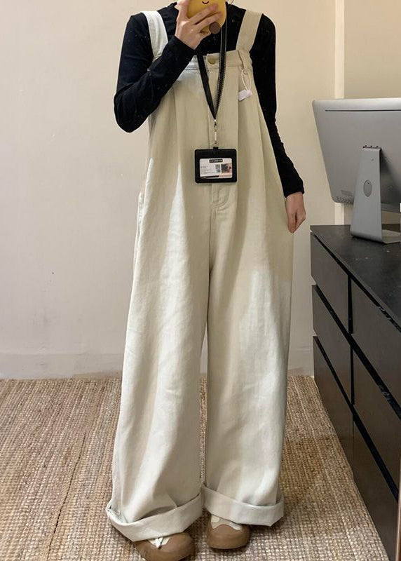 Waist Jumpsuit Solid Wide Denim Summer High Beige Leg
