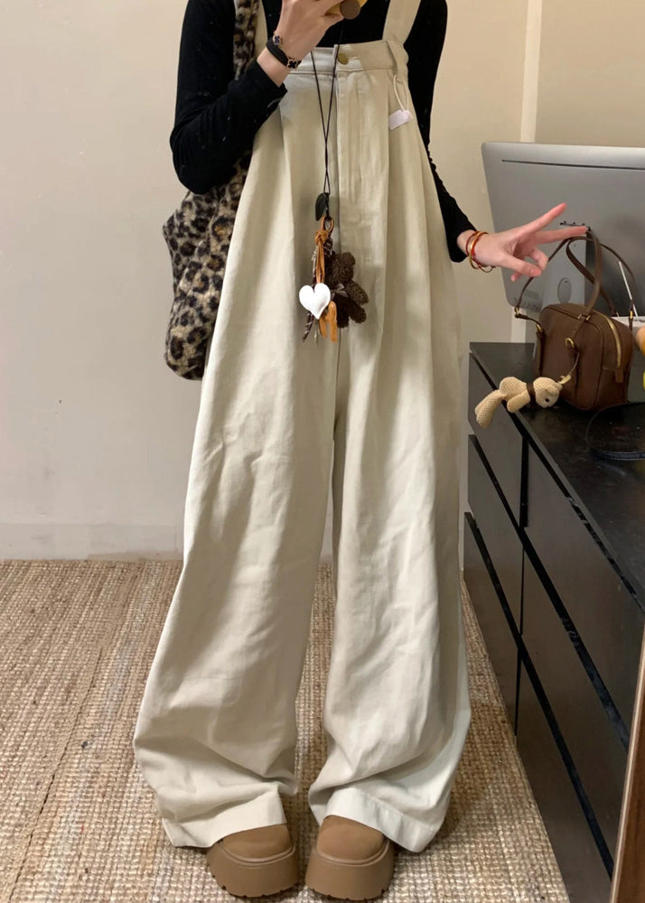 Summer Wide Beige Denim Waist High Leg Jumpsuit Solid