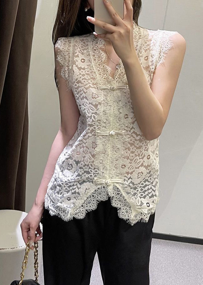 Beige V Neck Button Lace Vest Summer VB1069