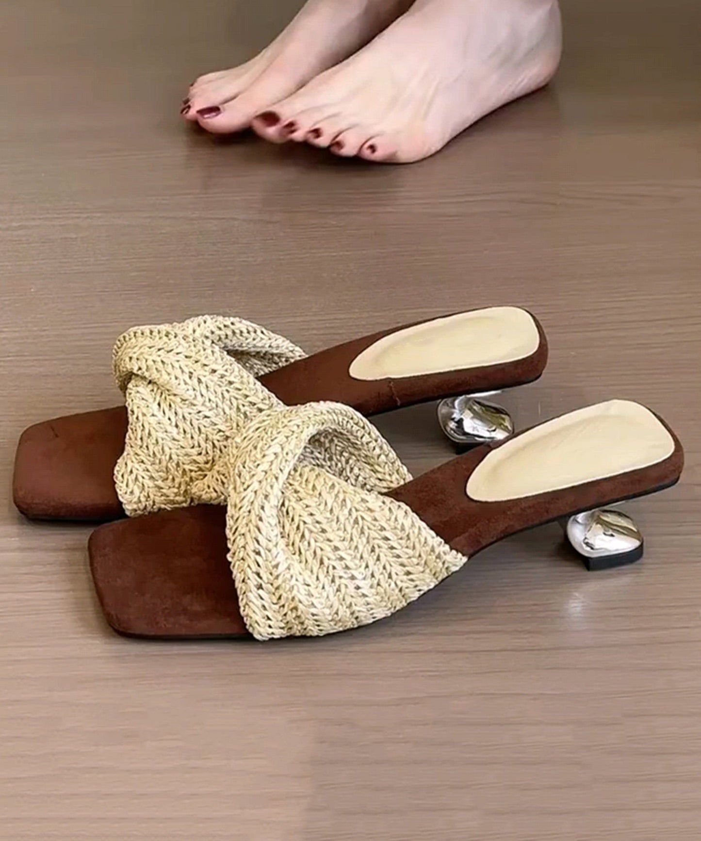 Sandals Faux Slide Leather Fitted Beige Wedge Splicing