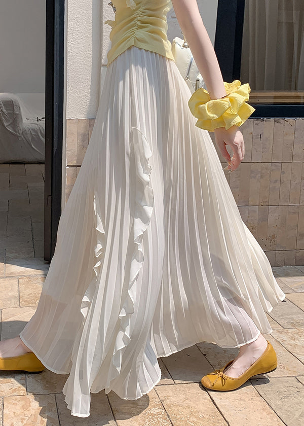 Solid Skirts Summer Elastic Waist Wrinkled Beige