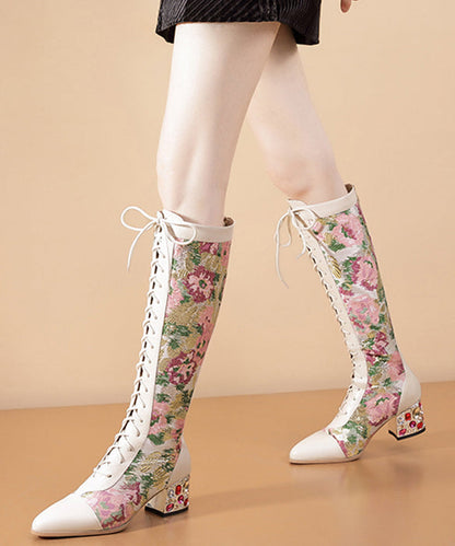 Beige Zircon Splicing Lace Up Genuine Leather Chunky Knee Boots RT1069