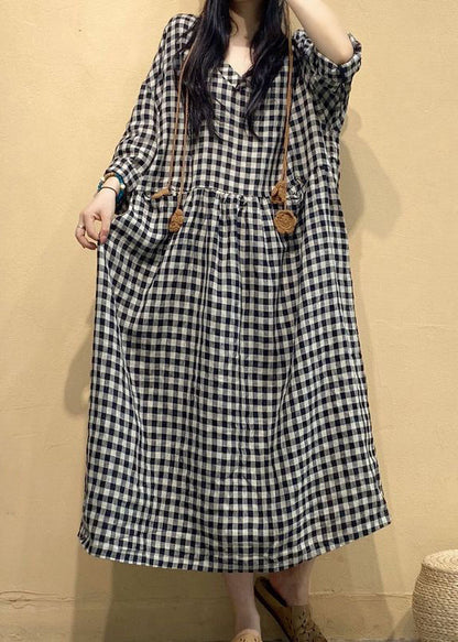 Big Plaid Pockets Linen Dress V Neck Long Sleeve AU1055