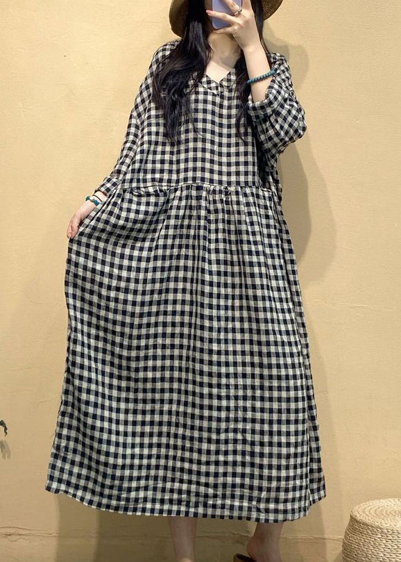 Big Plaid Pockets Linen Dress V Neck Long Sleeve AU1055