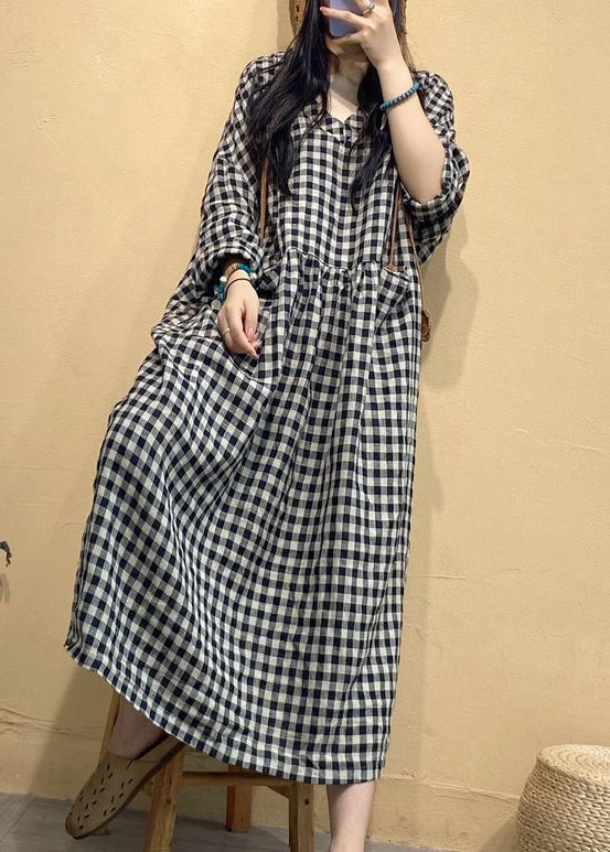 Big Plaid Pockets Linen Dress V Neck Long Sleeve AU1055