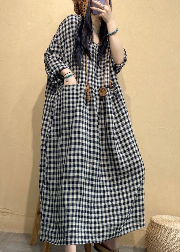 Big Plaid Pockets Linen Dress V Neck Long Sleeve AU1055