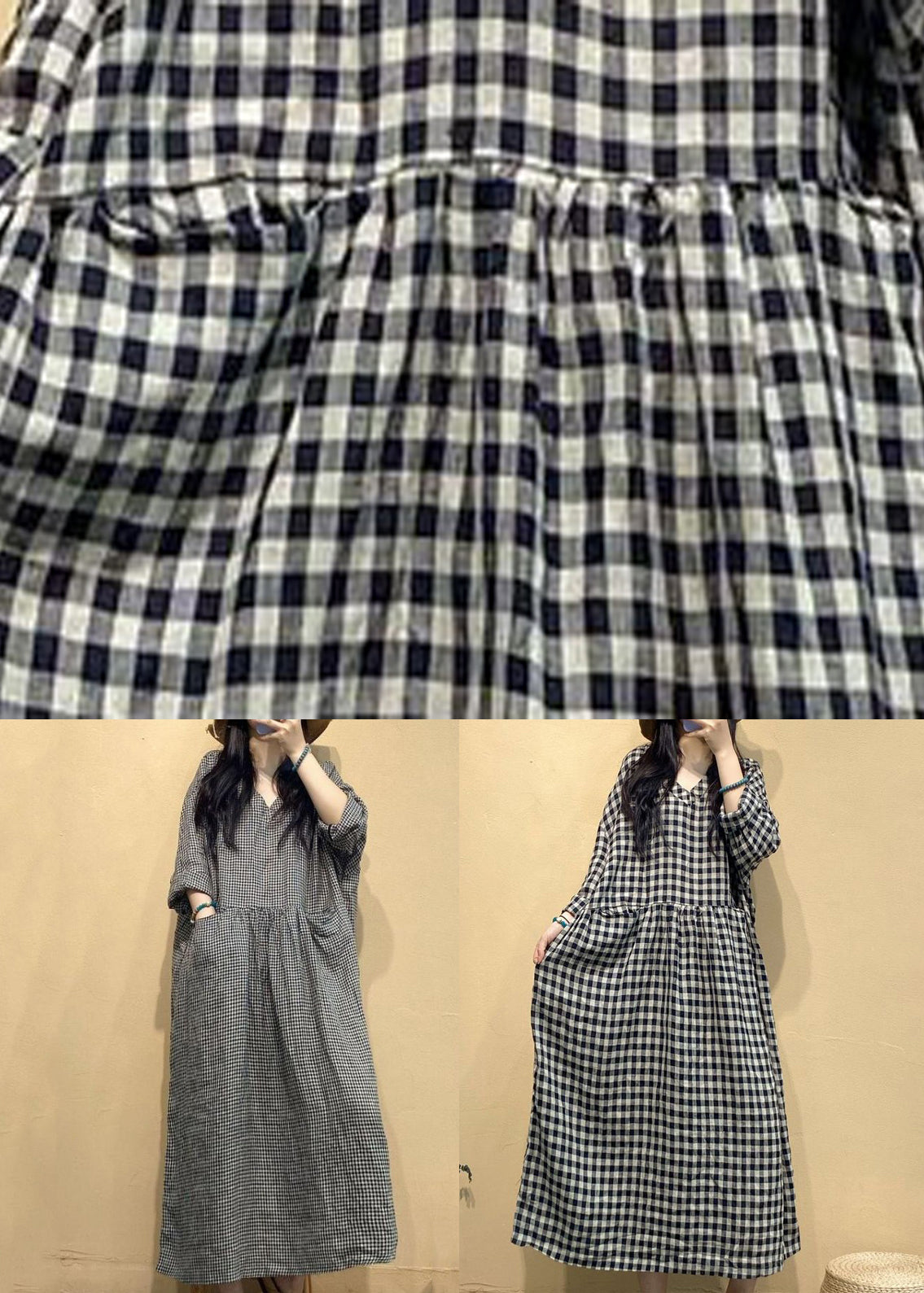 Big Plaid Pockets Linen Dress V Neck Long Sleeve AU1055